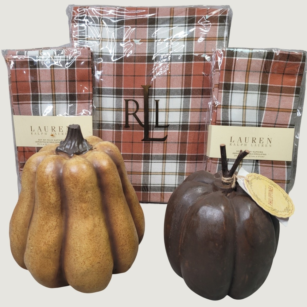 Ralph Lauren Harvest Plaid Tablecloth 8 Napkins Rust & Decorative Pumpkins Set